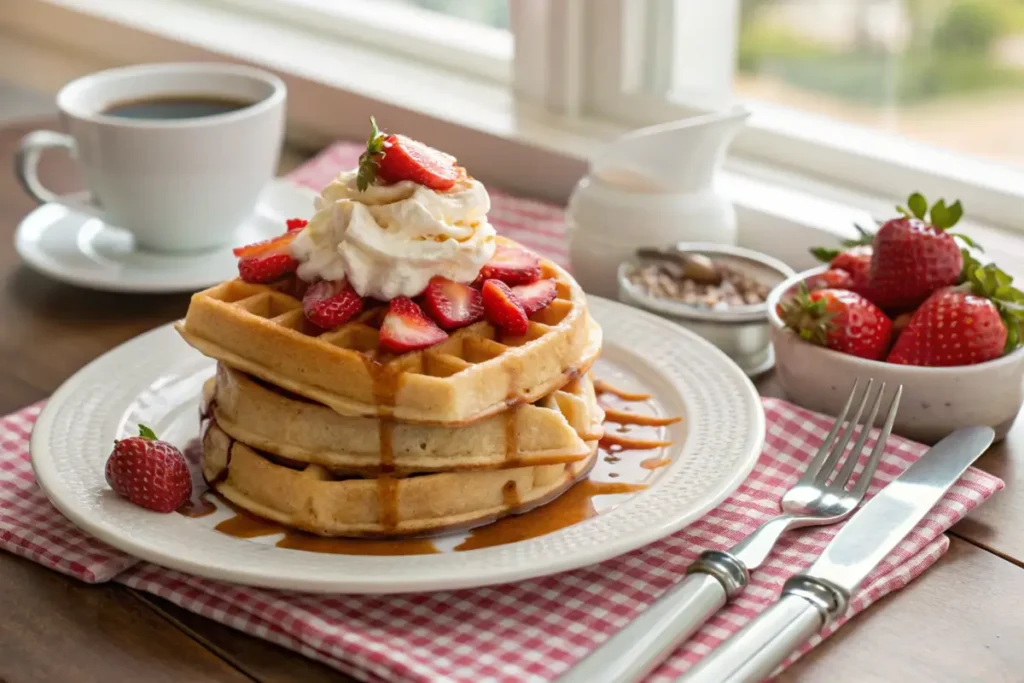 Stack of regular waffles with strawberries, whipped cream, and syrup.