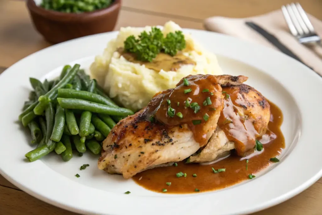 Roasted chicken and mashed potatoes with gravy.