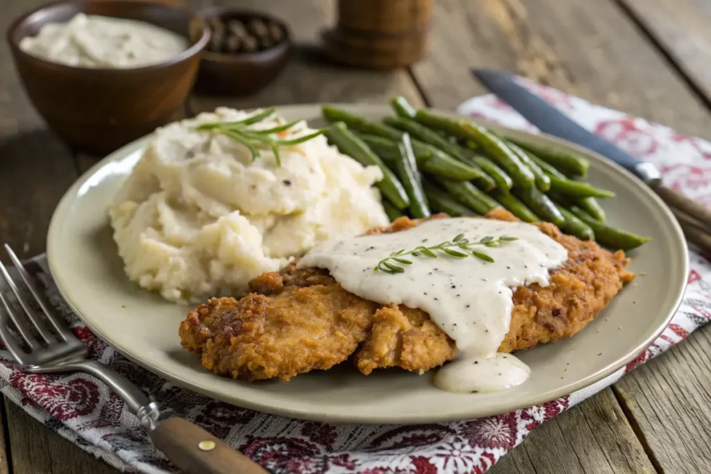 Chicken-fried steak topped with white gravy on a plate with sides.