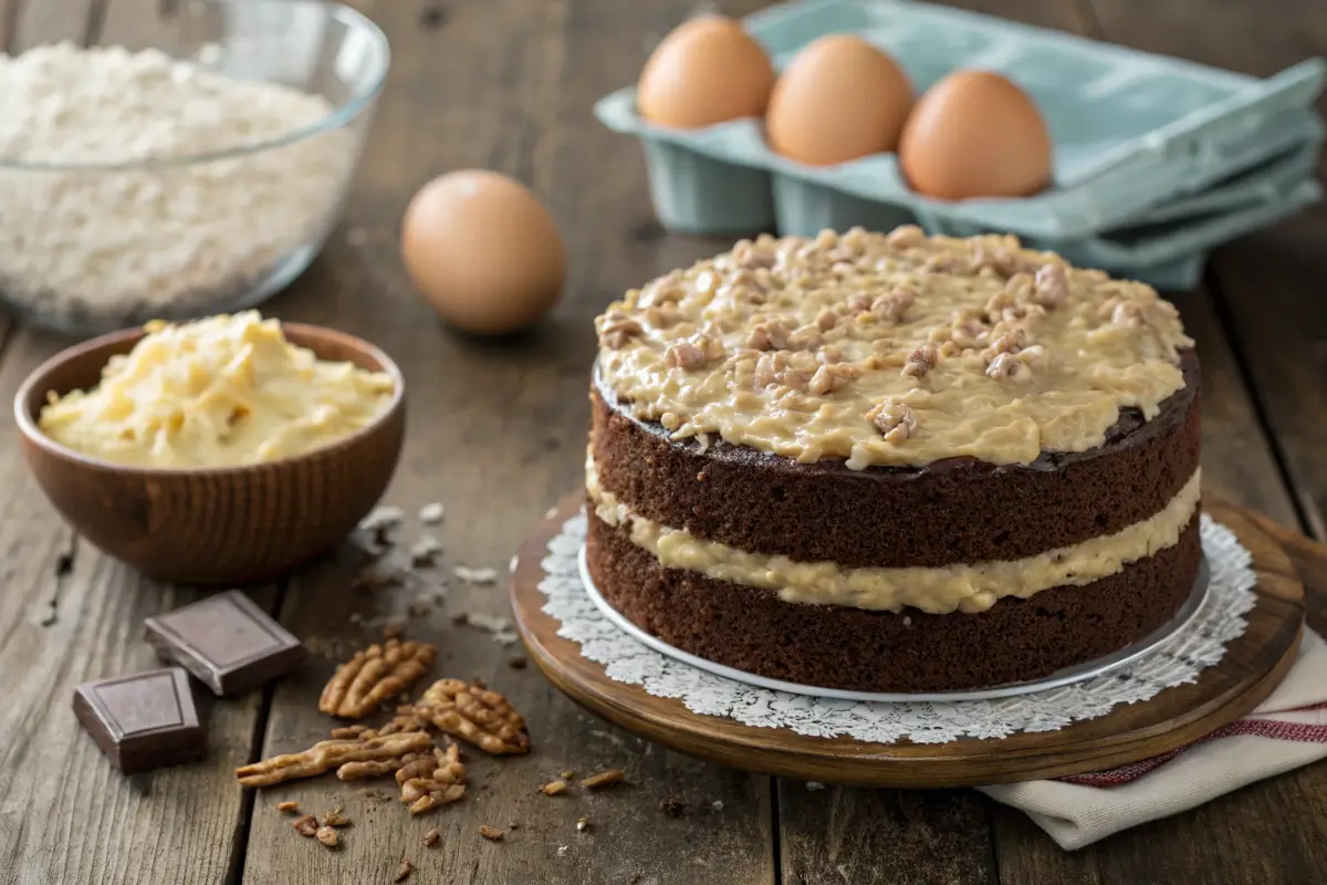 Perfectly frosted German chocolate cake with thick coconut pecan topping.