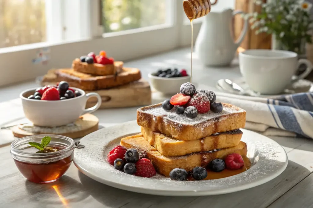 Golden-brown French toast with berries and syrup on a breakfast table.