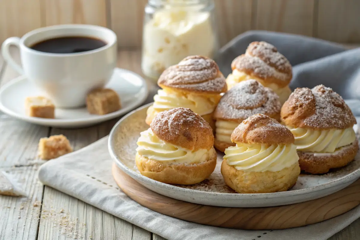 A plate of cream puffs thawing at different stages, with a cup of coffee