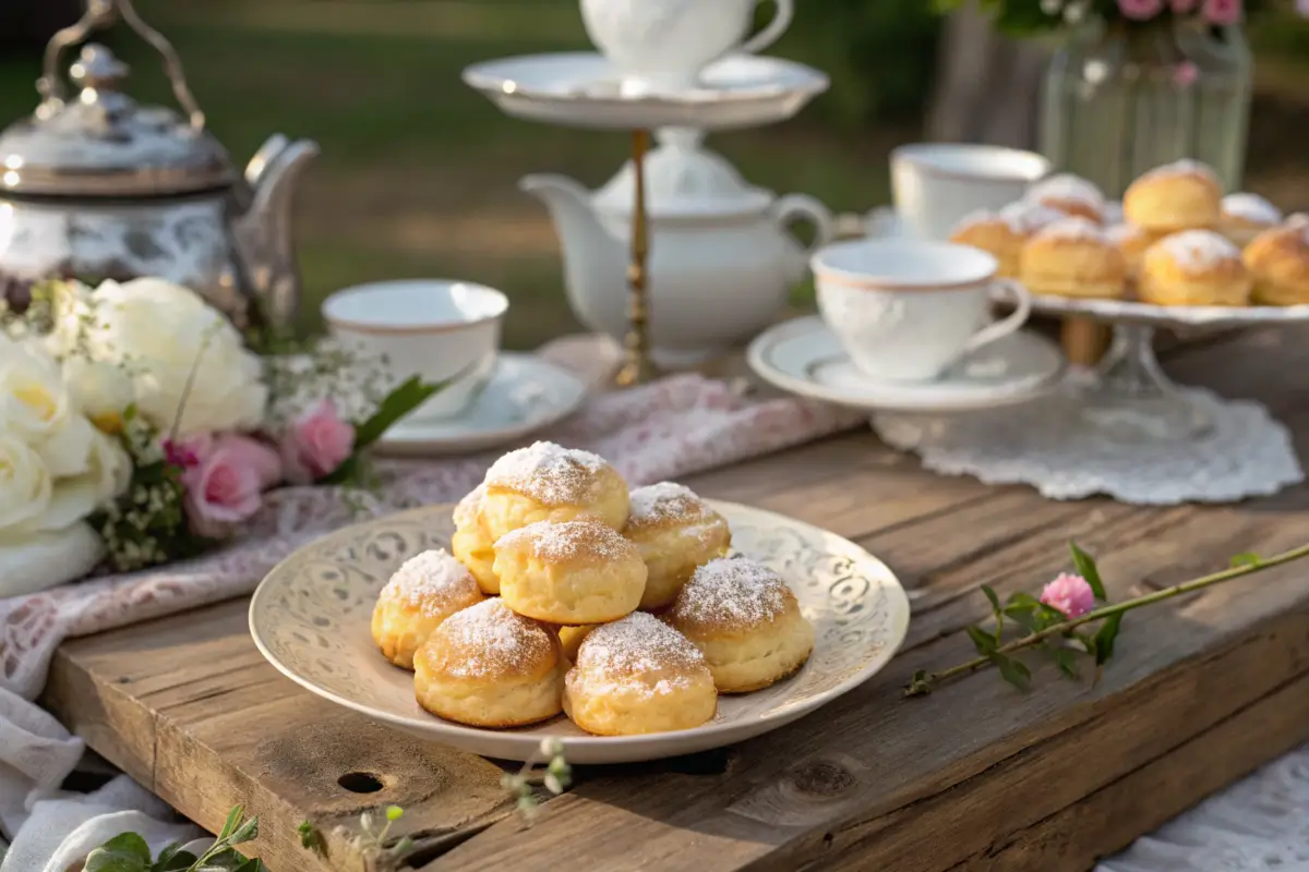 Golden cream puffs dusted with powdered sugar on a rustic table.