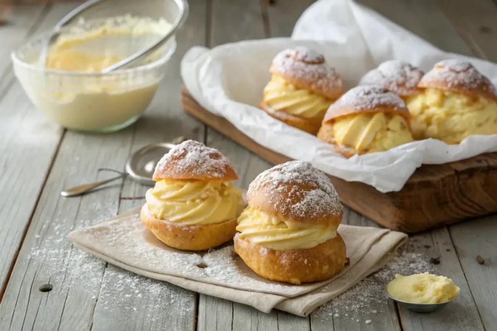 Golden cream puffs filled with custard and lightly dusted with powdered sugar