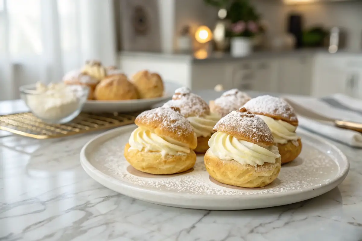 Plate of Costco cream puffs served with powdered sugar.