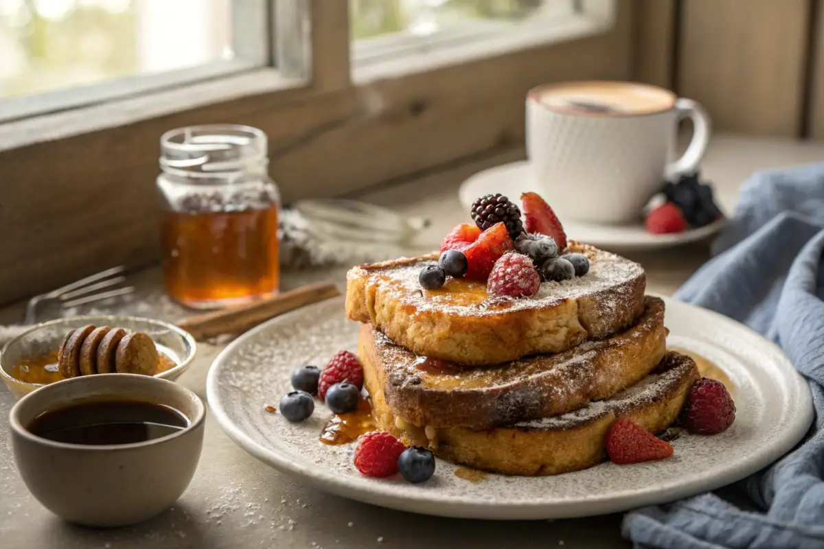 Golden-brown cinnamon swirl French toast with powdered sugar and fresh berries.