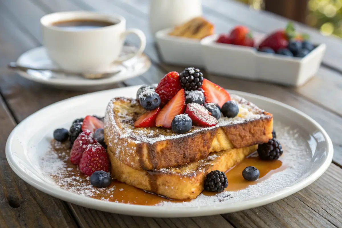 Golden-brown crispy French toast topped with berries and syrup.