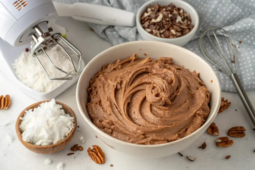 Whipped German chocolate frosting with coconut and pecans