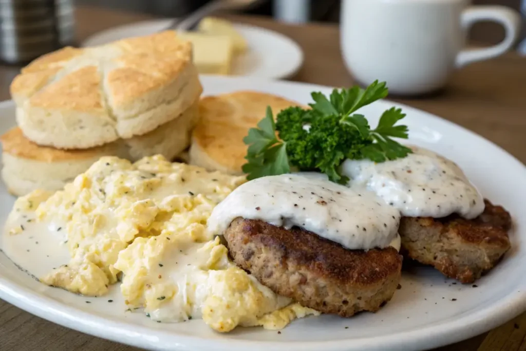 Biscuits with white gravy on a breakfast plate.