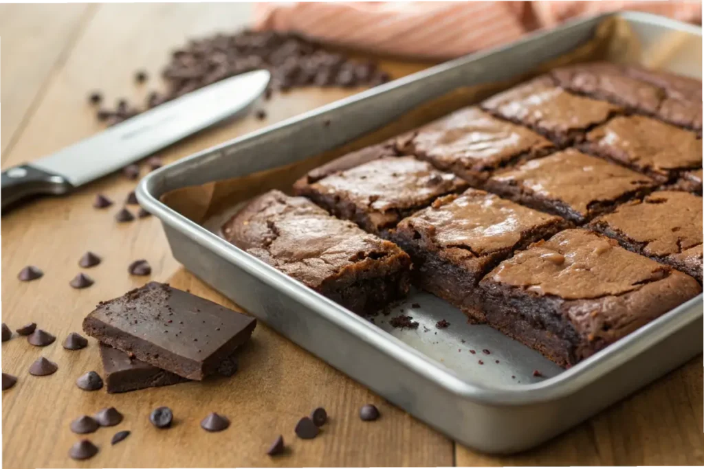 Close-up of moist and chewy brownies on a wooden countertop