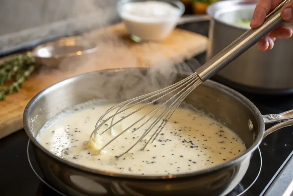 Whisk stirring white gravy in a saucepan with black pepper.