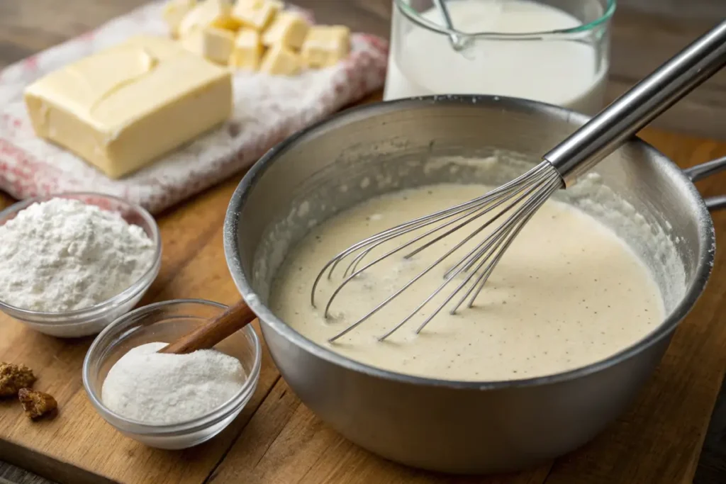 Whisk stirring white gravy in a saucepan with ingredients nearby.