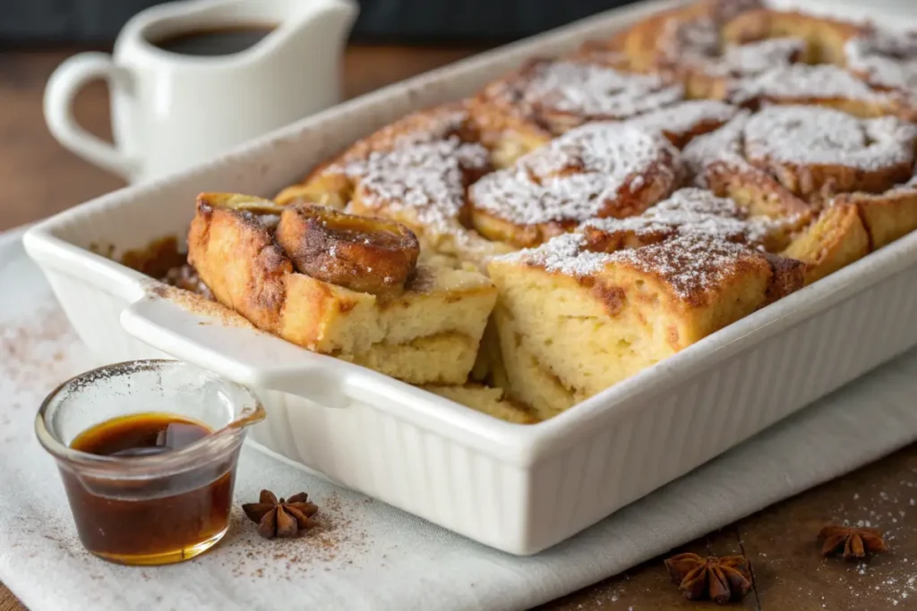 Baked cinnamon swirl French toast casserole with powdered sugar.