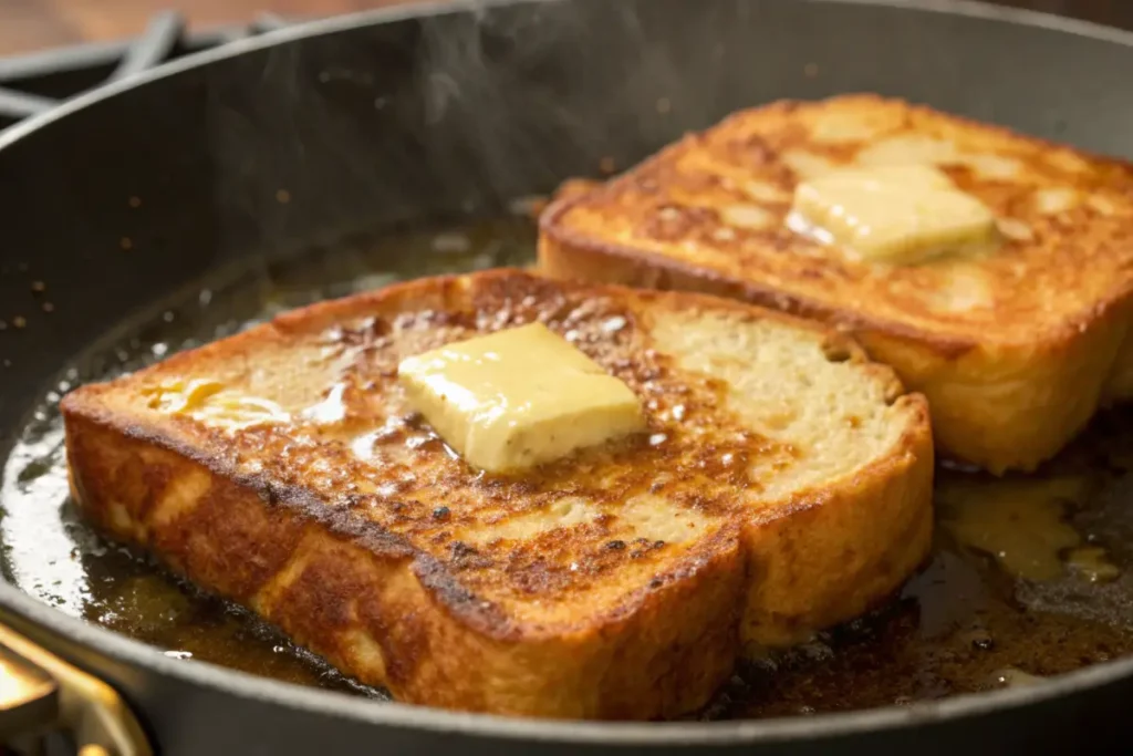 Golden-brown French toast cooking in a pan with melted butter.