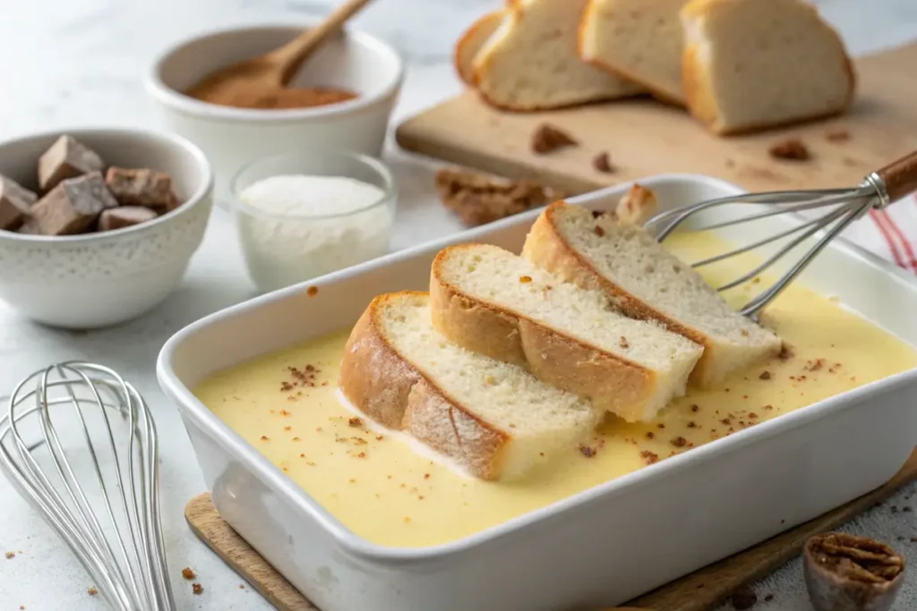 Thick slices of bread being dipped into a custard mixture for French toast.