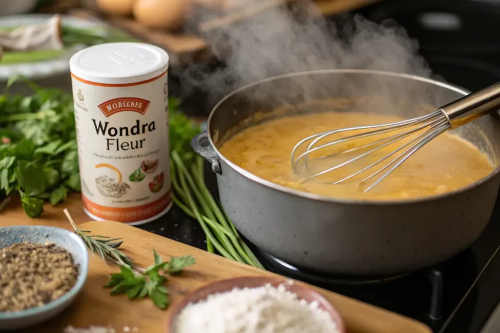 Wondra Flour next to simmering gravy on a stovetop.