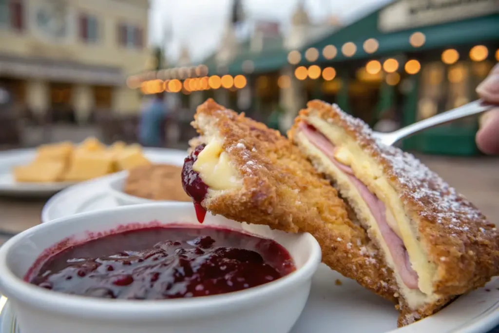 Dipping Disneyland Monte Cristo Sandwich in Berry Purée