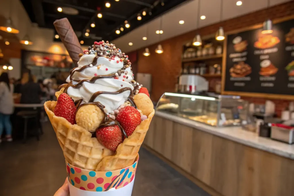 Freshly made bubble waffle cone with ice cream and toppings in a cozy café.