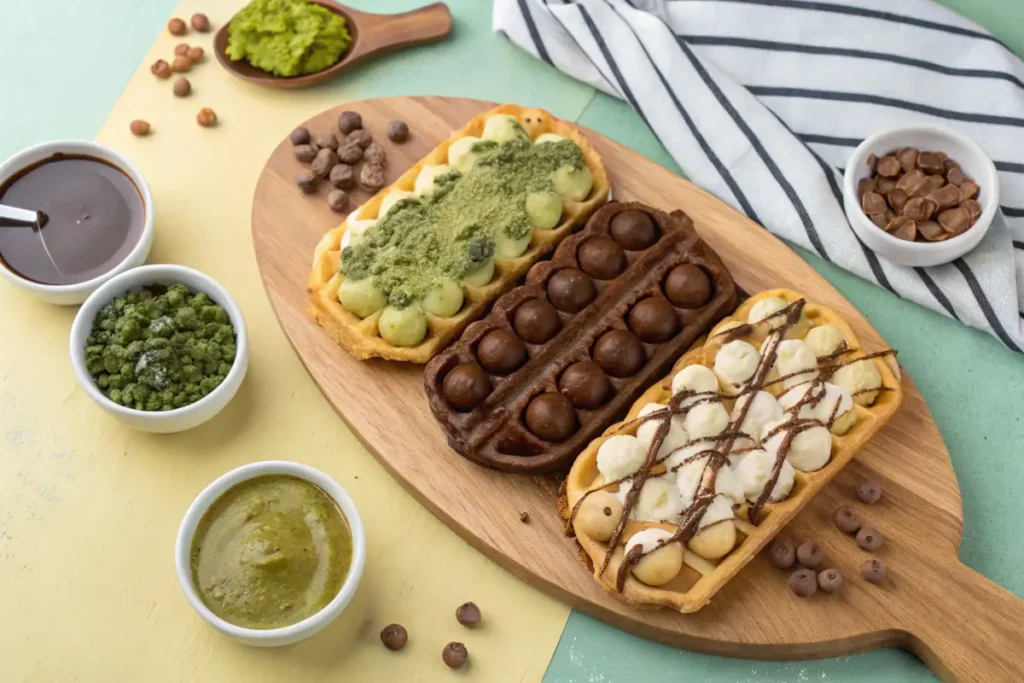 A variety of bubble waffles with different flavors and toppings