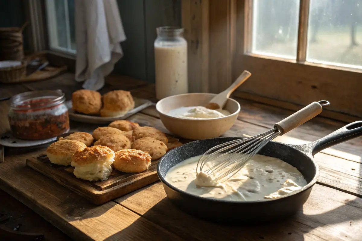 Creamy white gravy in a skillet with biscuits and fried chicken.