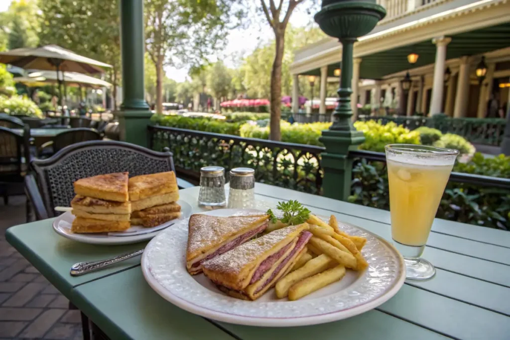 Café Orleans table with Monte Cristo sandwich, Pommes Frites, and lemonade.