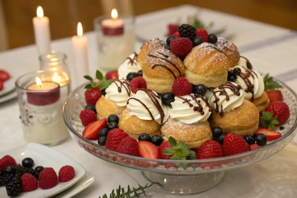 Dessert platter featuring Costco cream puffs trifle.