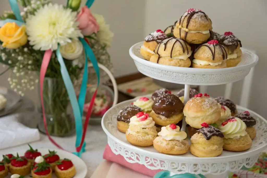 Cream puffs on a tiered stand with chocolate drizzle and fruit cream fillings