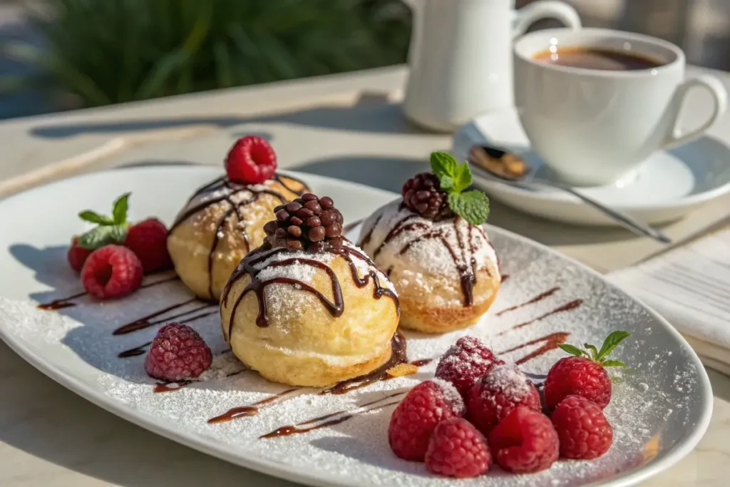 Warm cream puffs topped with chocolate and raspberries