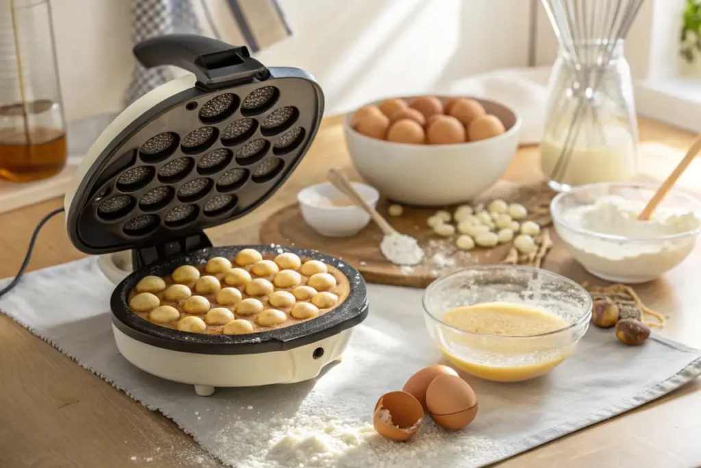 Bubble waffle maker cooking golden batter into puffy waffles.