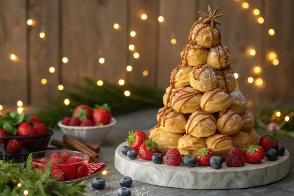 Croquembouche made with thawed cream puffs and caramel.