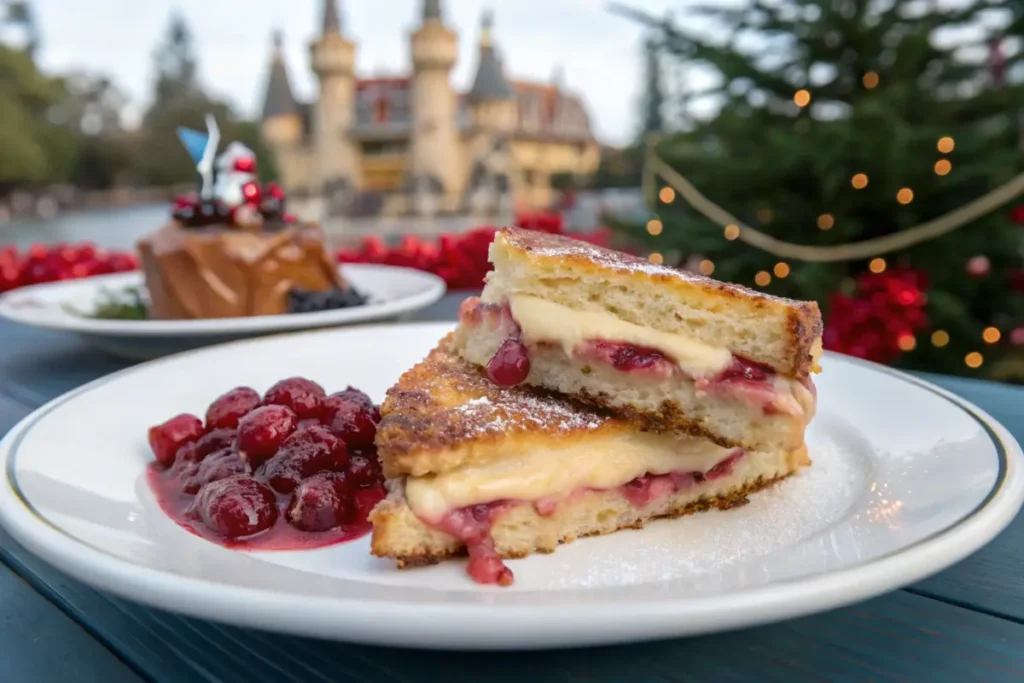 Holiday-themed Monte Cristo sandwich with cranberry relish at Disneyland.