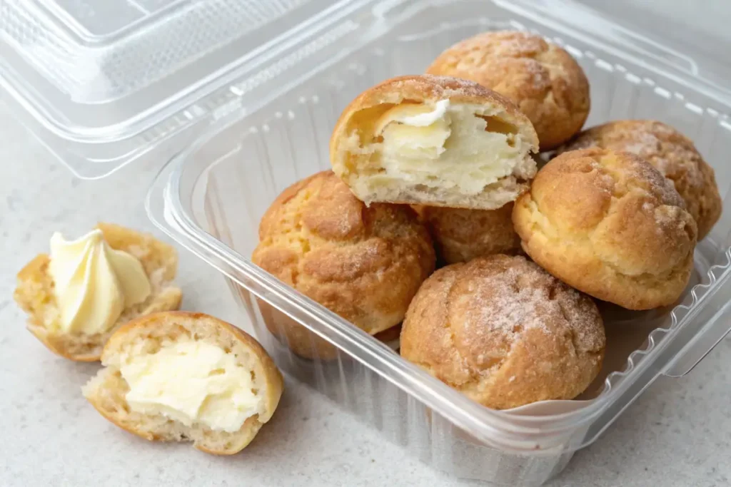 Cream puffs in an airtight container for storage.