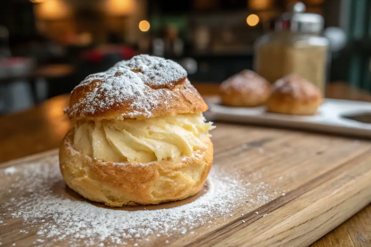 Freshly warmed cream puffs with steam rising