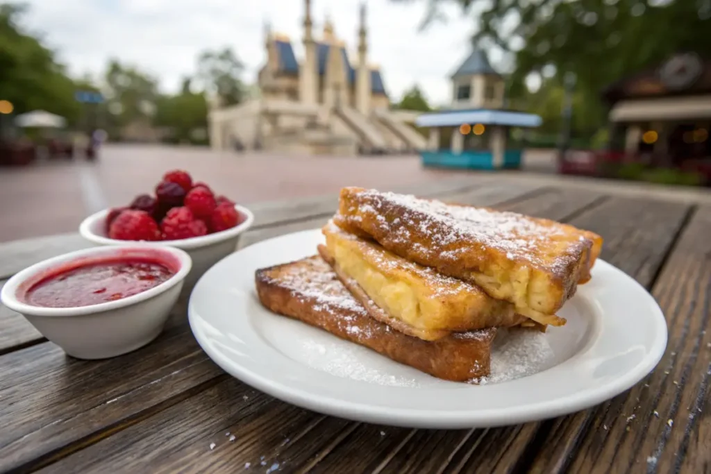 Golden-brown Monte Cristo sandwich with raspberry sauce at Disneyland.