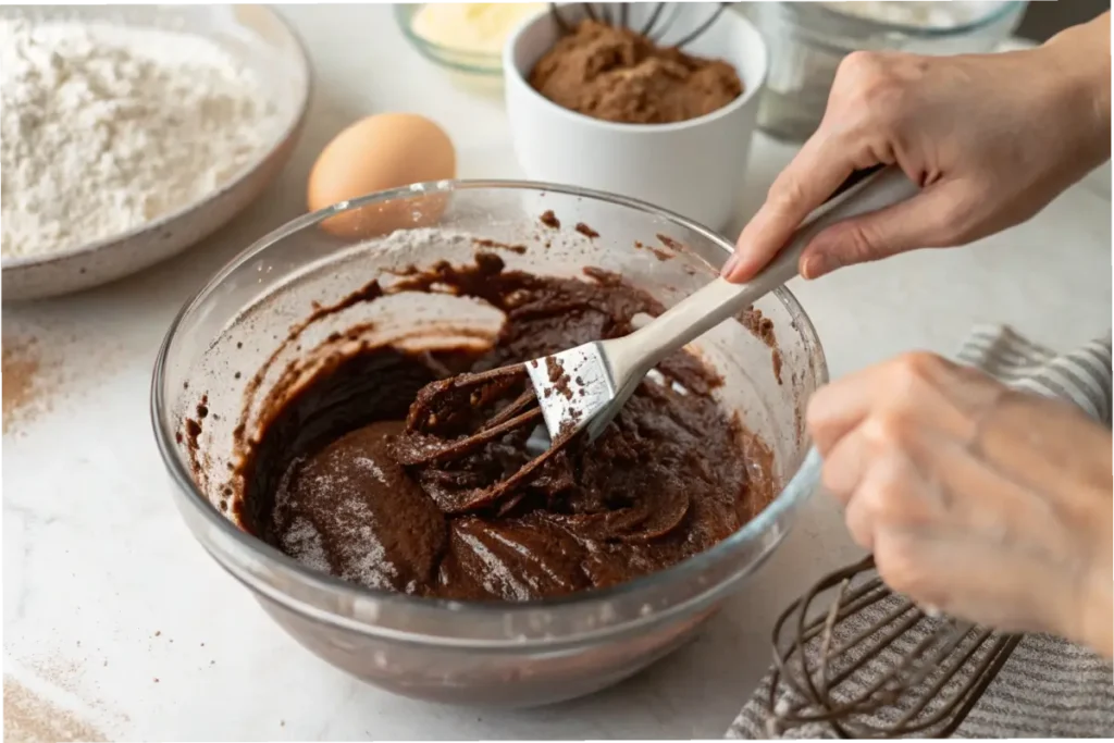 Folding brownie batter in a glass bowl for a chewy texture