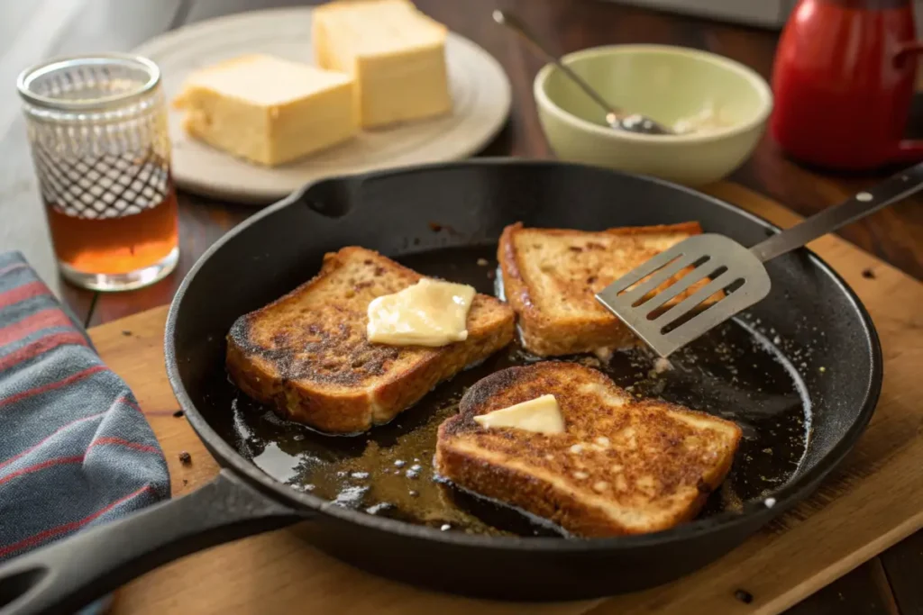 French toast cooking in a skillet with golden brown edges.