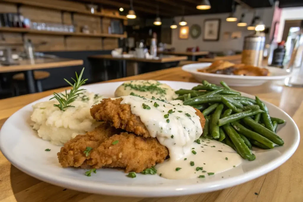 Fried chicken and mashed potatoes topped with white gravy.