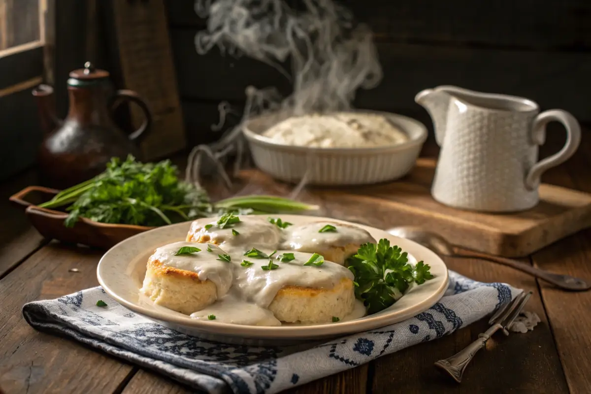 A plate of biscuits with white gravy in a rustic kitchen setting.