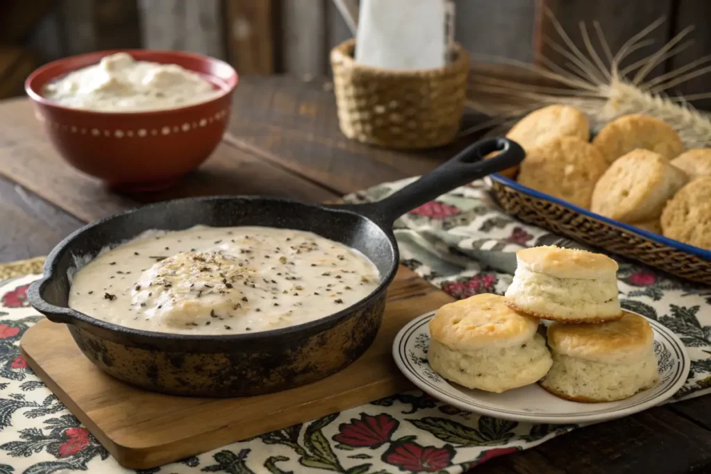 Bowl of creamy white gravy with biscuits in a rustic kitchen.