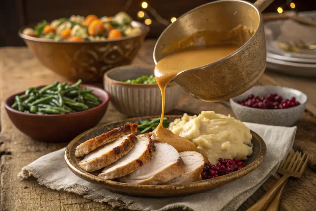 Golden gravy poured over turkey with sides.