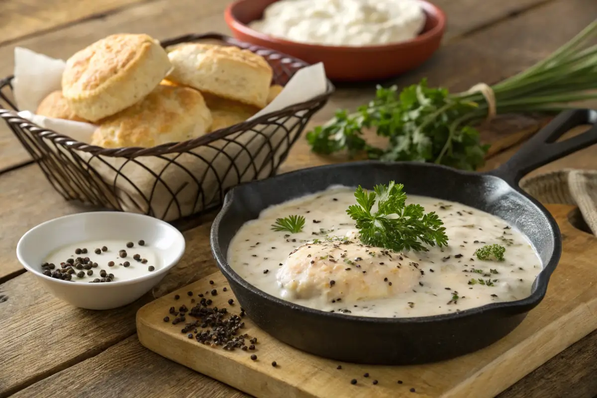 Creamy white gravy in a cast-iron skillet with biscuits on the side.