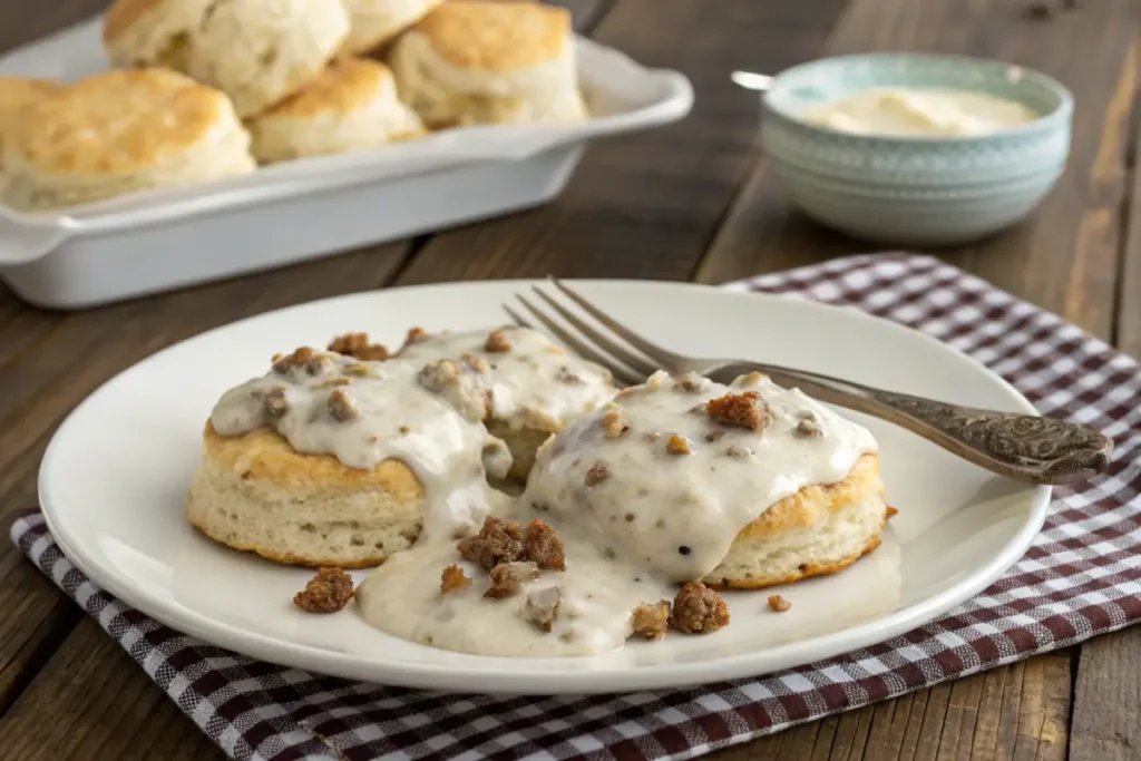 Biscuits topped with white gravy and sausage crumbles on a plate.