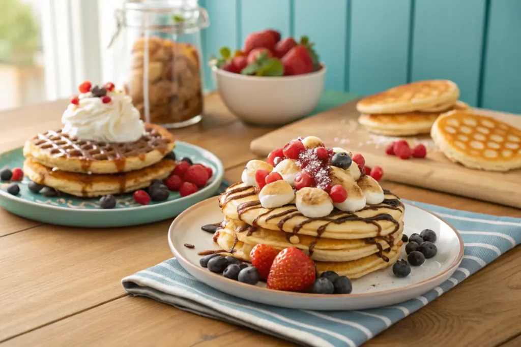 Bubble waffles and pancakes side by side on a table with toppings.