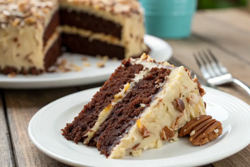 Sliced German chocolate cake with layered frosting