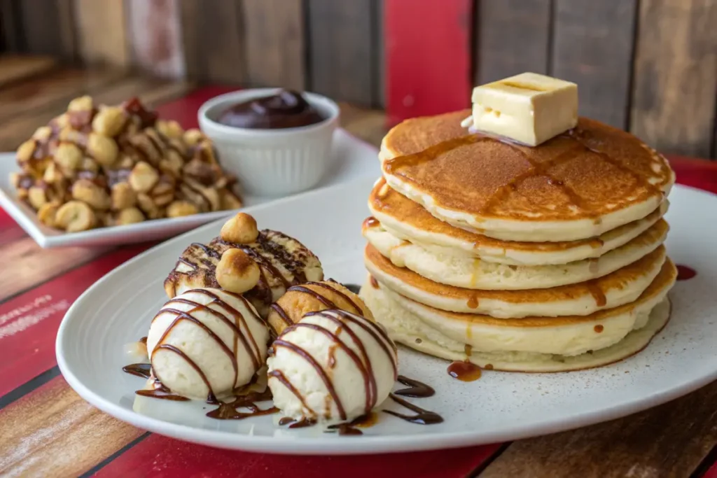 Fluffy pancakes with syrup and bubble waffles with ice cream.