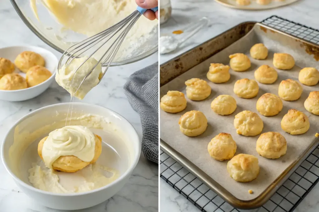 Step-by-step process of making cream puffs from dough to filling.