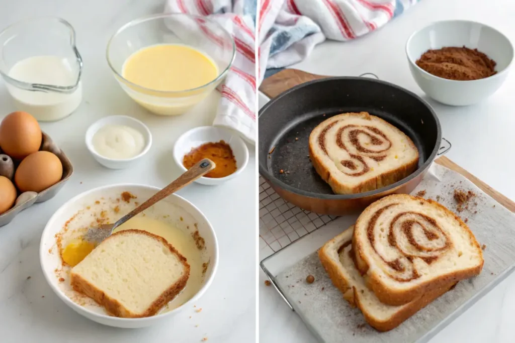 Step-by-step process of making cinnamon swirl French toast.