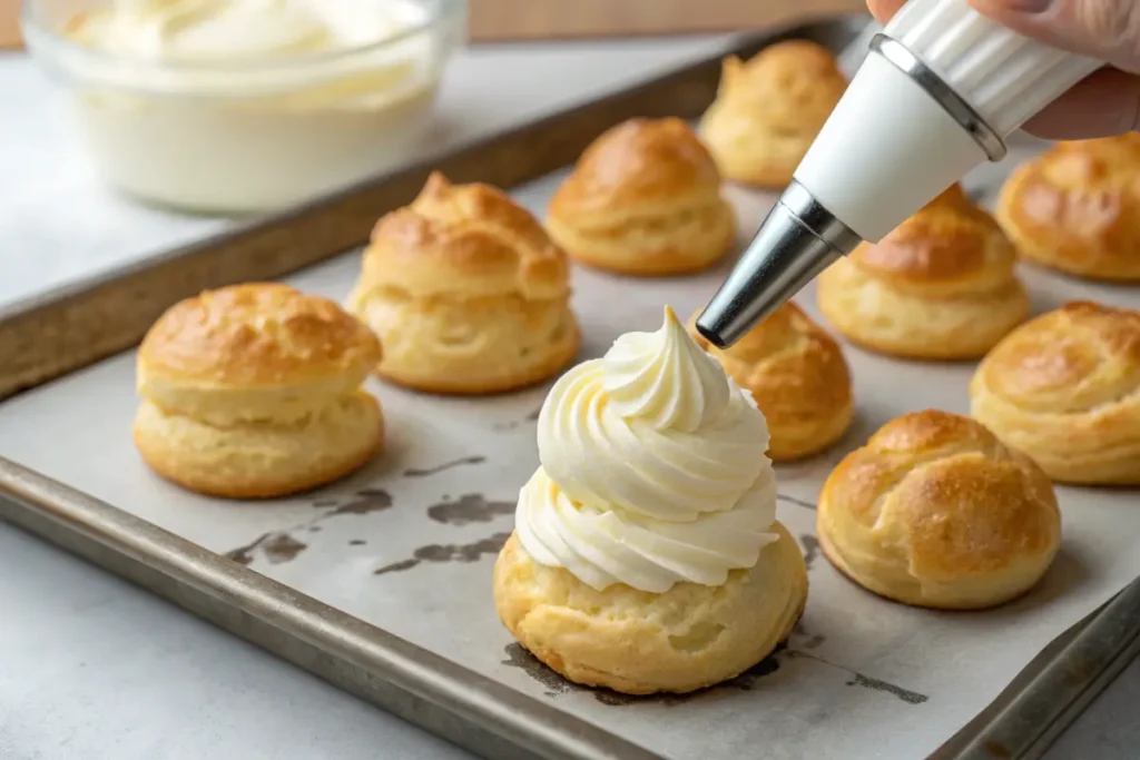 Piping custard filling into cream puff shells.