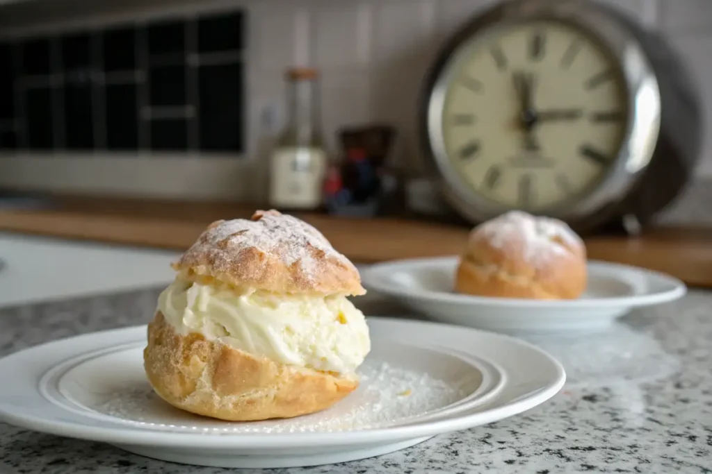 Frozen Cream Puffs thawing at room temperature.