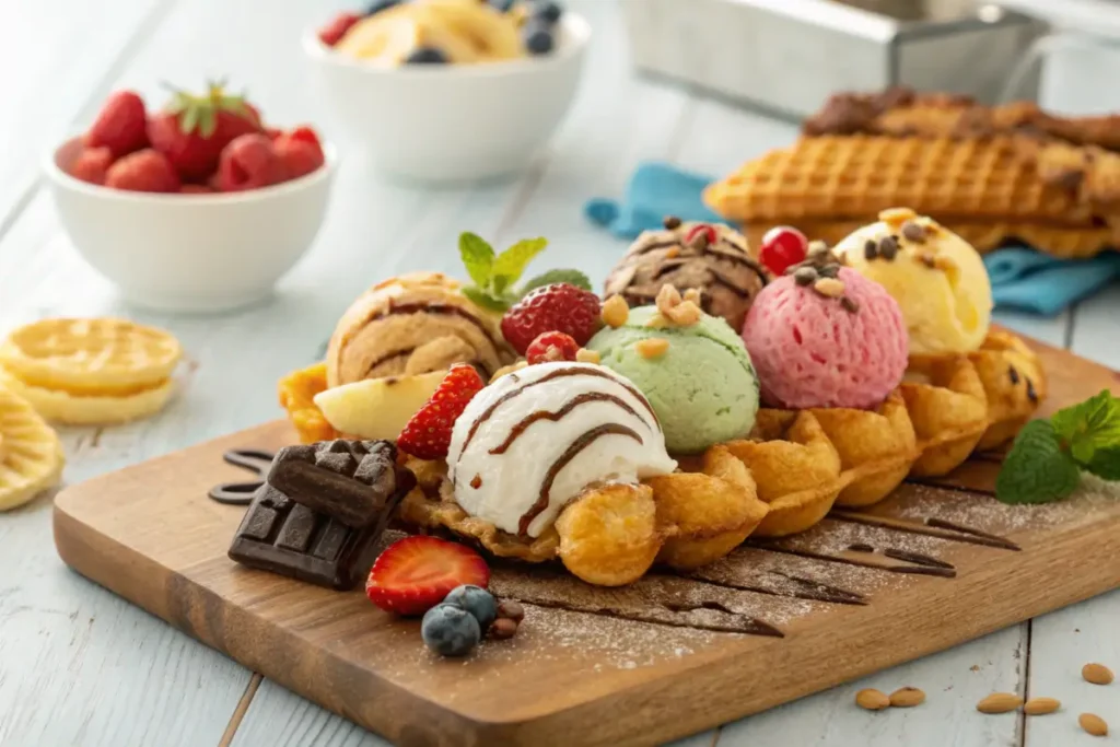 Fresh bubble waffles topped with colorful ice cream and fruits.